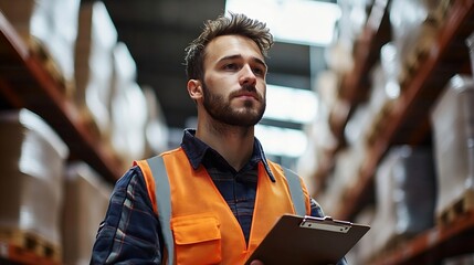 Portrait of warehouseman with clipboard checking delivery stock in warehouse Warehouse worker preparing products for shipment : Generative AI