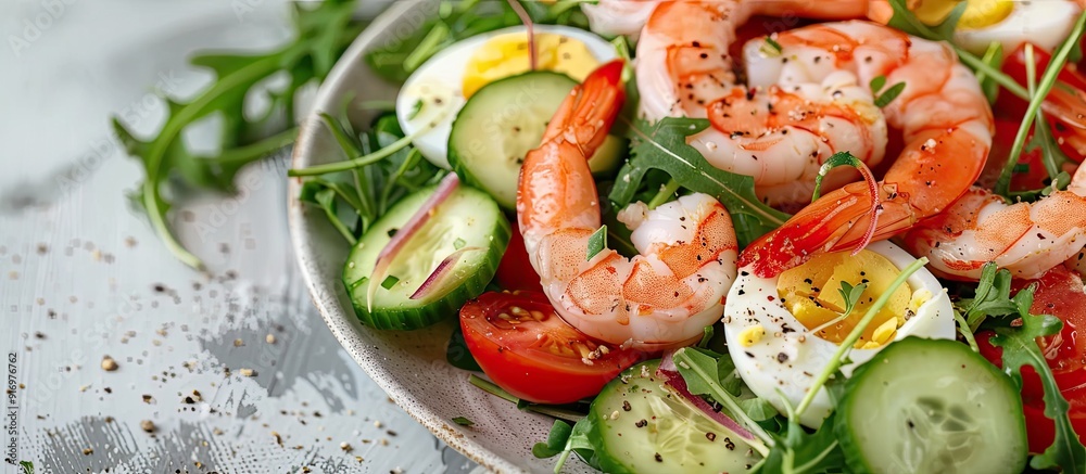 Poster Salmon and shrimp salad with tomatoes cucumbers arugula eggs and avocado Suitable for ketogenic and paleo diets Ideal for copy space image