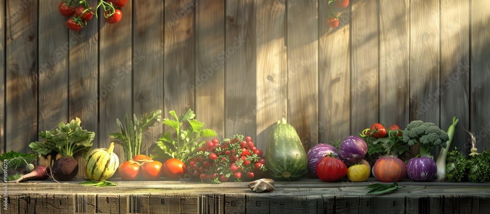 Poster A rustic farm display features a selection of organic vegetables set against a wooden backdrop with sunlight streaming in embodying a countryside theme Perfect for depicting clean eating and local pr
