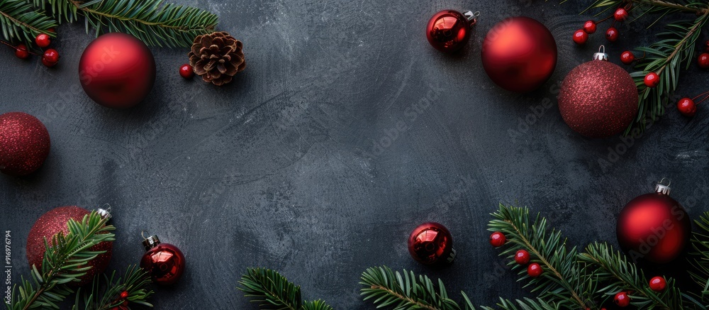 Poster red christmas balls green fir twig on dark gray backdrop suitable for cards with blank space for ima