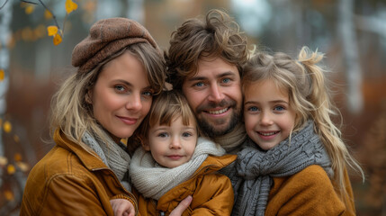 Fototapeta premium Portrait of a happy young family standing together outdoors in autumn