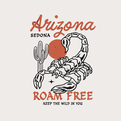 Western-themed vector graphic featuring a scorpion and cactus under a setting sun with text 