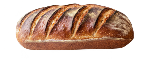 Freshly baked homemade bread loaf with crispy crust and soft interior, isolated on white background, perfect for baking and culinary projects.