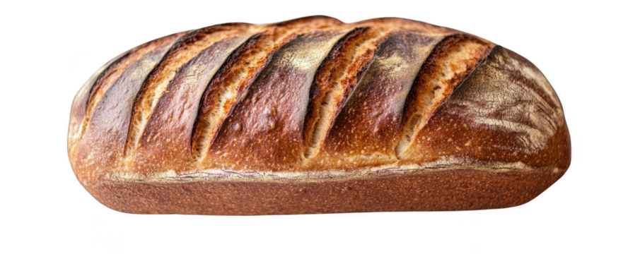 Freshly baked homemade bread loaf with crispy crust and soft interior, isolated on white background, perfect for baking and culinary projects.