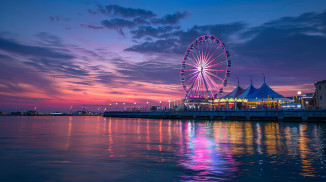 Vivid Ferris wheel at dusk, lit up by neon lights next to a circus tent. Plenty of space for your own text. Rosolina Mare theme park, Veneto, Italy.