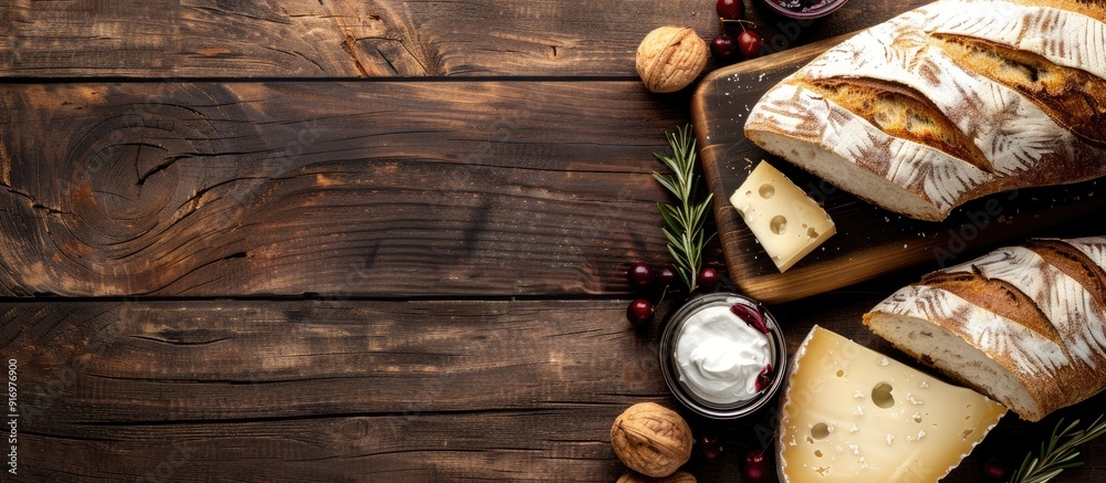 Aufkleber horizontal menu design featuring fresh bread camembert cheese and cowberry jam on a vintage dark woo