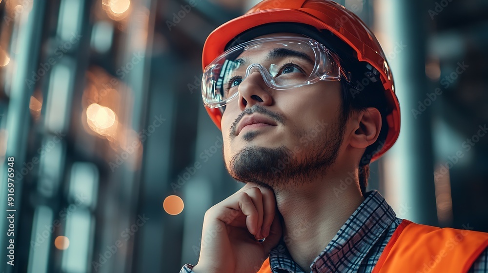 Aufkleber Construction worker thinking serious man with ideas and architect or engineer in building industry on studio background Male contractor mockup and professional builder with helmet and  : Generative AI