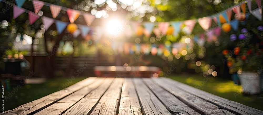 Poster An empty wooden table set up in a backyard party scenario with festive bunting decorations in the background ideal as a copy space image