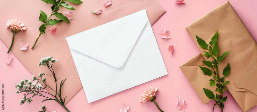 Aufkleber A white card with an envelope a gift box and flowers placed on a pink background serving as a blank copy space image