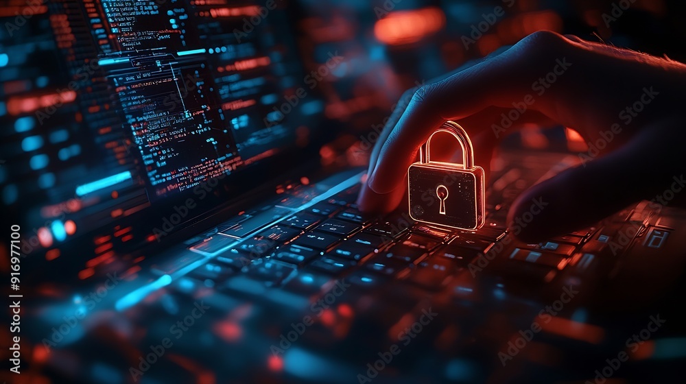 Poster Cyber security network Data protection concept Businessman using laptop computer with digital padlock on internet technology networking with cloud computing and data management cyberse : Generative AI