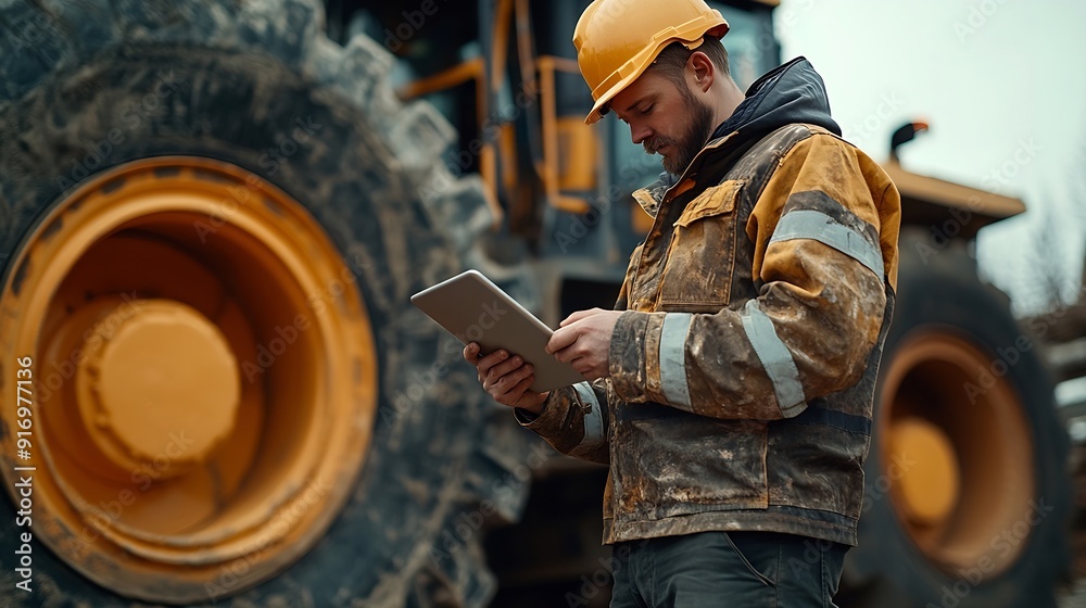 Aufkleber A civil engineer logging data with ipad standing beside industrial grader wheels at road construction site : Generative AI