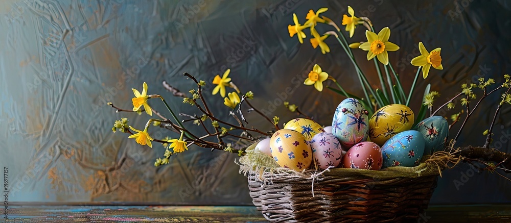 Aufkleber An Easter basket filled with various painted Easter eggs narcissus flowers and catkin branches creating a festive display with copy space image