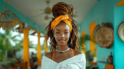 Portrait of a young African woman with dreadlocks and orange headwrap in a vibrant setting