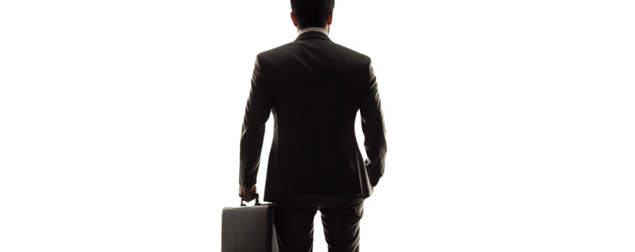Rear view of a businessperson in a suit carrying a briefcase, symbolizing professionalism, career, and business journey.