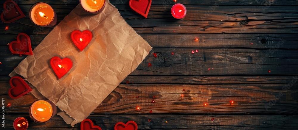 Aufkleber valentine s day themed kraft paper with a wooden background featuring burning candles creating a rom