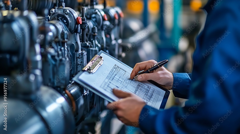 Aufkleber Professional Engineering of modern factory checking  to automatic machinery Engineering with clipboard Programmable Logic Controller to manage large machine working full automatic : Generative AI