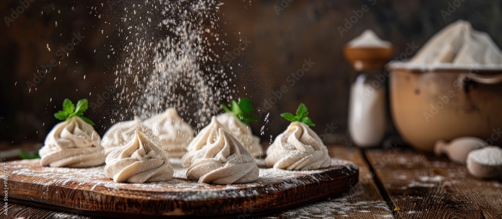 Poster a neat arrangement of uncooked georgian khinkali sprinkled with flour on a kitchen board with copy s