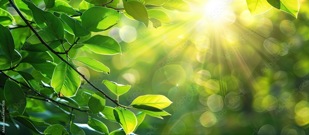 Wall mural sunlight filtering through lush green leaves creating a serene and natural copy space image
