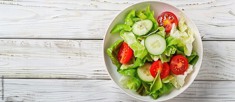 Poster Top down view of a tasty salad comprising Chinese cabbage tomatoes and cucumber with dressing presented on a white wooden surface for a copy space image opportunity