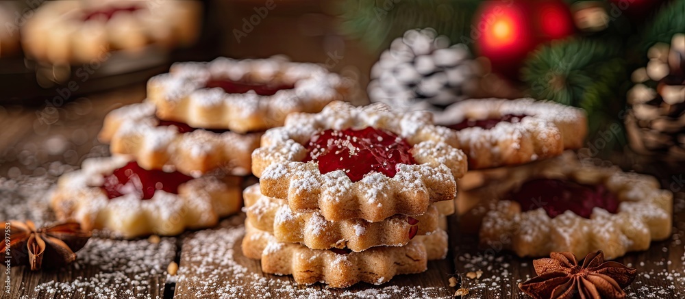 Aufkleber traditional christmas linzer cookies are austrian treats with red jam and powdered sugar on top perf