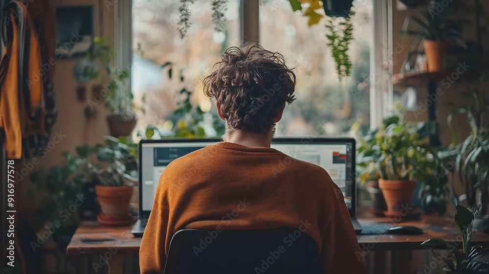 Poster Rear view of young man using laptop computer checking email in morning at home : Generative AI