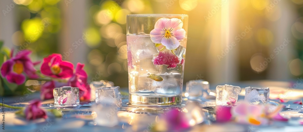 Leinwandbilder table with a glass of water and decorative ice cubes with flowers floating in it providing a copy sp