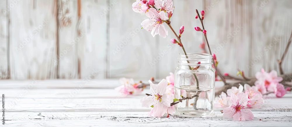 Poster pink peach blossoms on branches in a clear glass jar placed on a white wooden table with copy space 