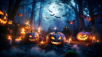 Halloween Night: Mystical Pumpkin in a Misty Forest background AI generated