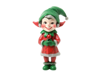 Smiling festive elf figurine in green hat and red outfit. Holiday decoration with cheerful expression, perfect for Christmas themes.