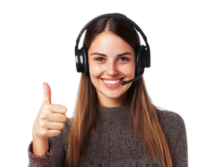 Smiling customer service representative woman with headset giving thumbs up, isolated on white background, showing support and positivity.