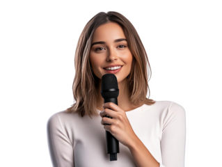 Smiling woman holding microphone, ready for presentation or speech. Confident speaker isolated on white background.