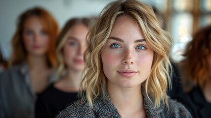Portrait of a confident young woman with blond hair and blue eyes standing out among group of women
