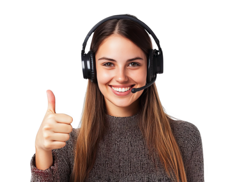 Smiling customer service representative woman with headset giving thumbs up, isolated on white background, showing support and positivity.
