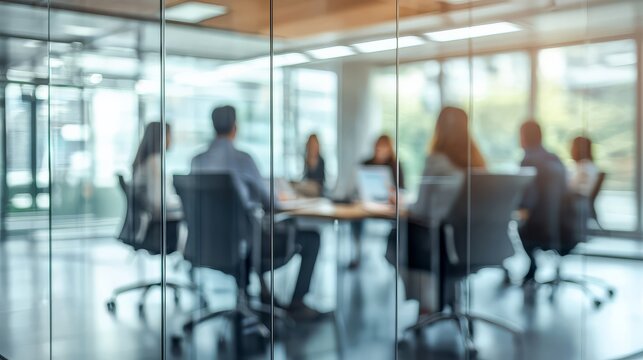 Business Meeting of Executives in Blurred View Behind Glass Wall - Strategy Planning - Office Workplace
