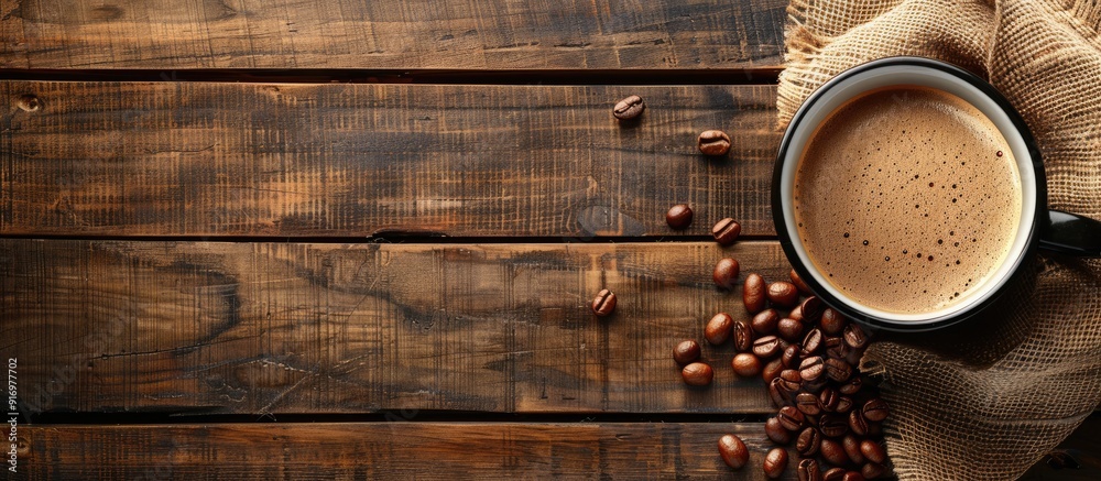 Aufkleber rustic wooden background with a cup of coffee and coffee beans with copy space image