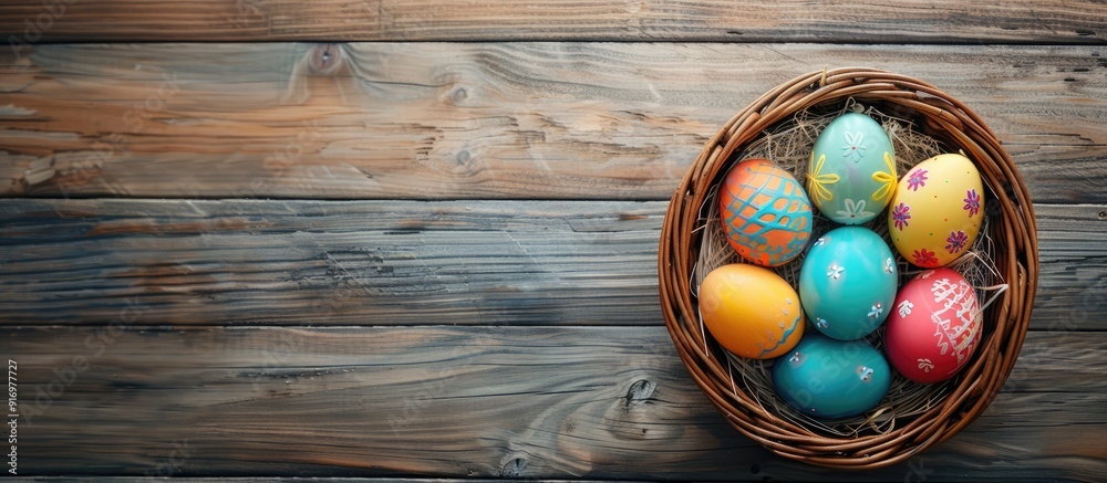 Poster Easter eggs in a basket displayed on a wooden surface with a blank area for adding an image. Creative banner. Copyspace image