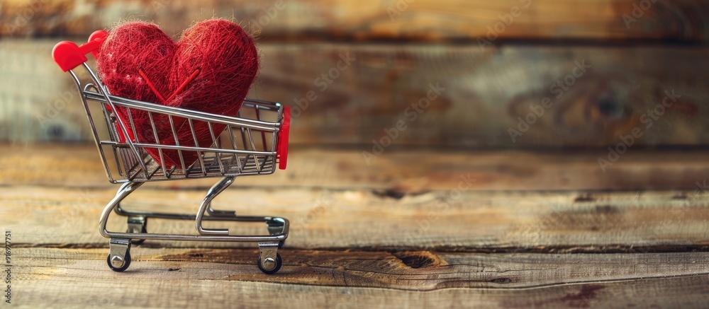 Aufkleber a heart shaped gift box atop a small shopping cart on a wooden table depicting sales and shopping co