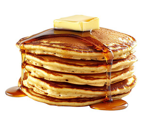 Stack of fluffy pancakes topped with melting butter and drizzled with maple syrup, perfect for a delicious breakfast or brunch.