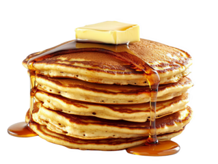Stack of fluffy pancakes topped with melting butter and drizzled with maple syrup, perfect for a delicious breakfast or brunch.