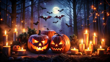 Halloween Night: Mystical Pumpkin in a Misty Forest background AI generated