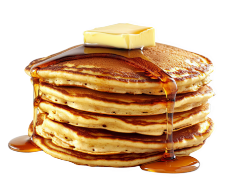 Stack of fluffy pancakes topped with melting butter and drizzled with maple syrup, perfect for a delicious breakfast or brunch.