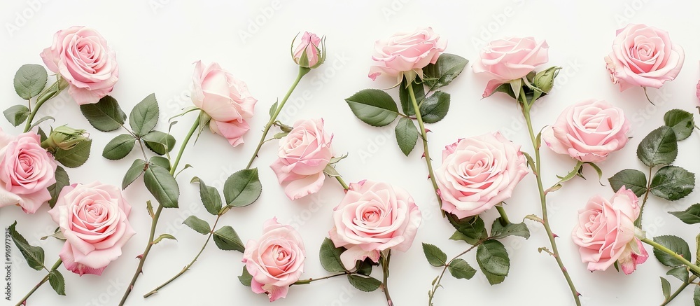 Poster Top down view of pink roses on a white backdrop with room for text in a copy space image