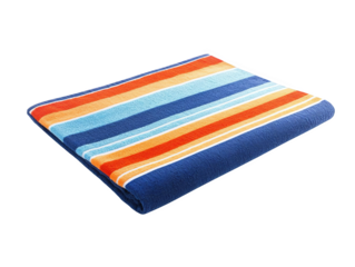 Vibrant beach towel with colorful stripes, perfect for summer outings, sunbathing, and poolside relaxation.