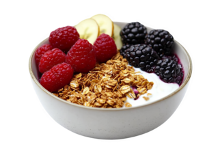 Vibrant bowl of yogurt topped with fresh raspberries, blackberries, banana slices, and granola, perfect for a healthy breakfast or snack.