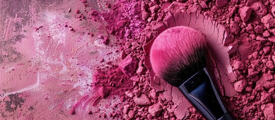 A makeup brush shapes vibrant pink powder and blush framing a square template for a makeup artist s business card or flyer design creating a copy space image