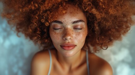 Portrait of a young Brazilian woman with vitiligo and curly hair, eyes closed in peaceful expression