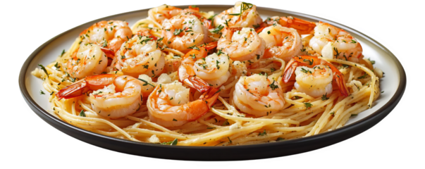 A delicious plate of shrimp scampi pasta, garnished with herbs and served on a white dish, ready for a gourmet meal.