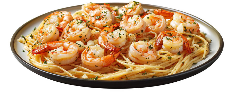 A delicious plate of shrimp scampi pasta, garnished with herbs and served on a white dish, ready for a gourmet meal.