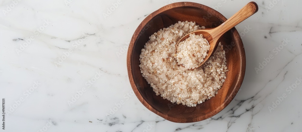 Poster copy space image of a wooden bowl with a spoon filled with psyllium husk resting on a white marble t