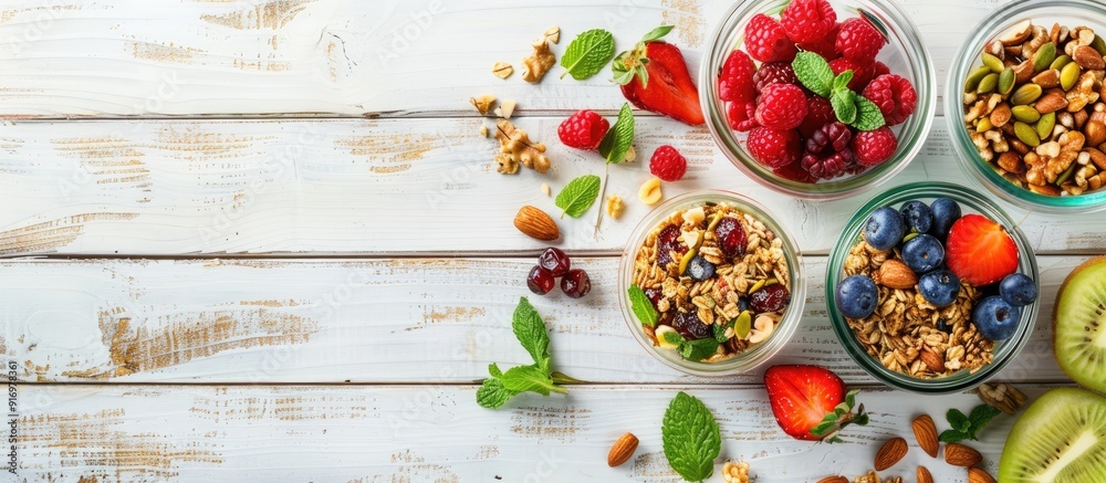 Poster variety of ingredients for a nutritious breakfast include homemade granola in a glass jar fruit nuts